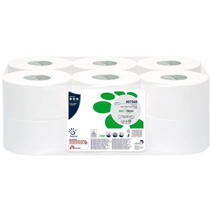 Conf. 12 rotoli carta igienica Mini Jumbo pura cellulosa Biotech 150 m