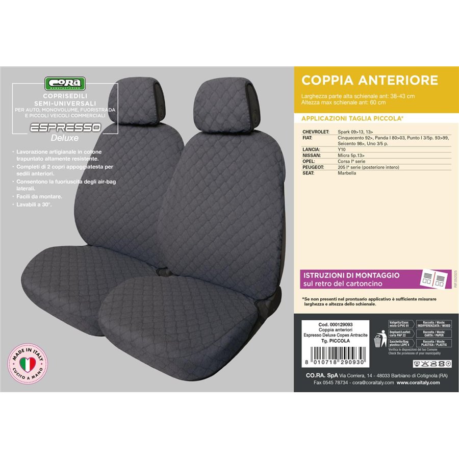 Coprisedili anteriori Espresso Deluxe tg. piccola tess. cotone trapuntato antracite