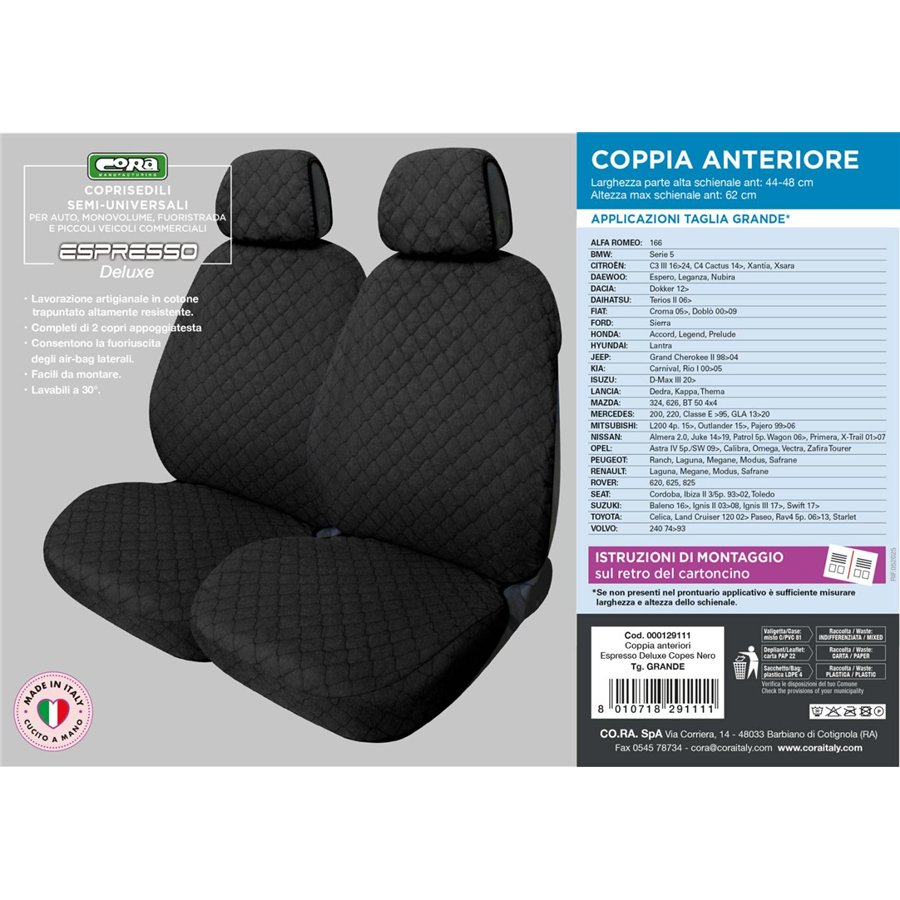 Coprisedili anteriori Espresso Deluxe tg. grande tess. cotone trapuntato nero