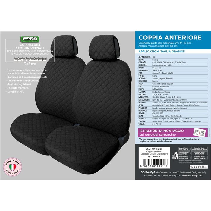 Coprisedili anteriori Espresso Deluxe tg. grande tess. cotone trapuntato nero
