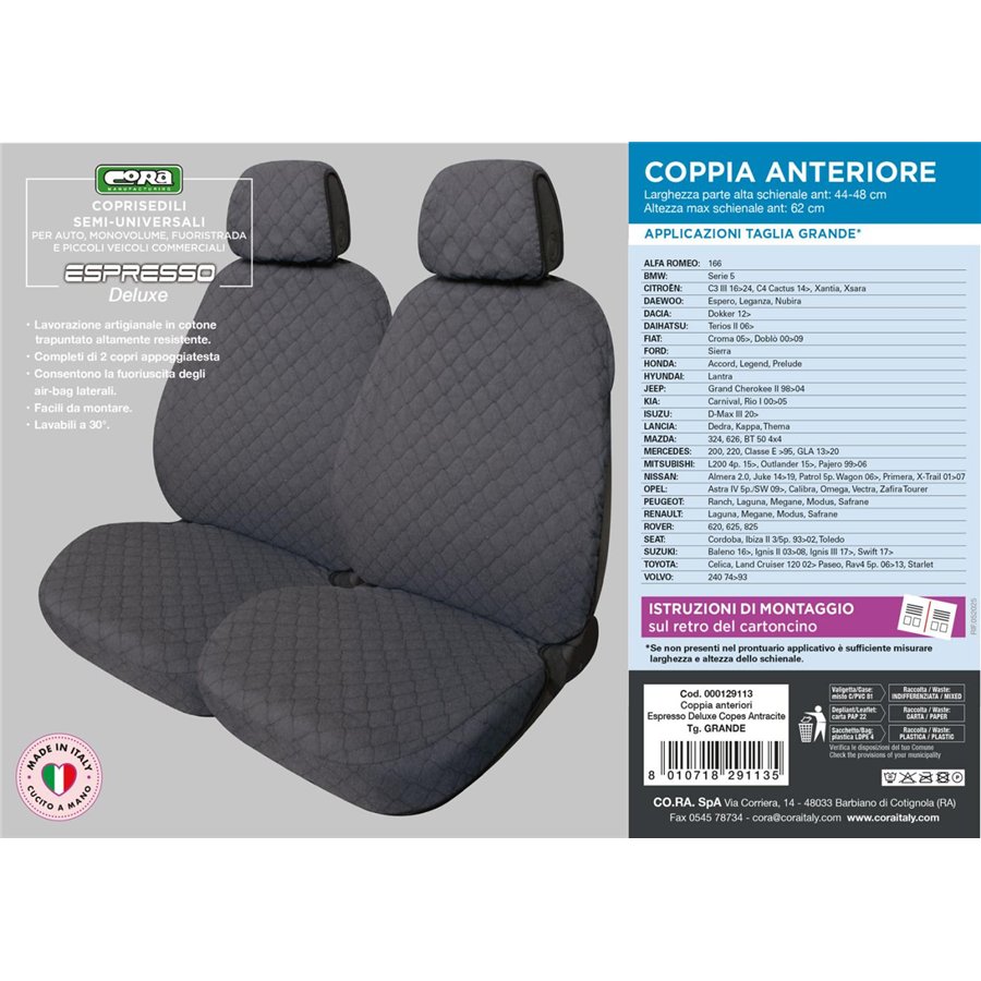 Coprisedili anteriori Espresso Deluxe tg. grande tess. cotone trapuntato antracite