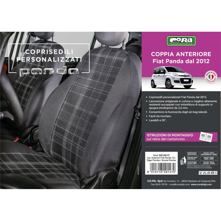 Coprisedili anteriori personalizzati Fiat Panda 12˃ tess. misto cotone scozzese grigio/piombo
