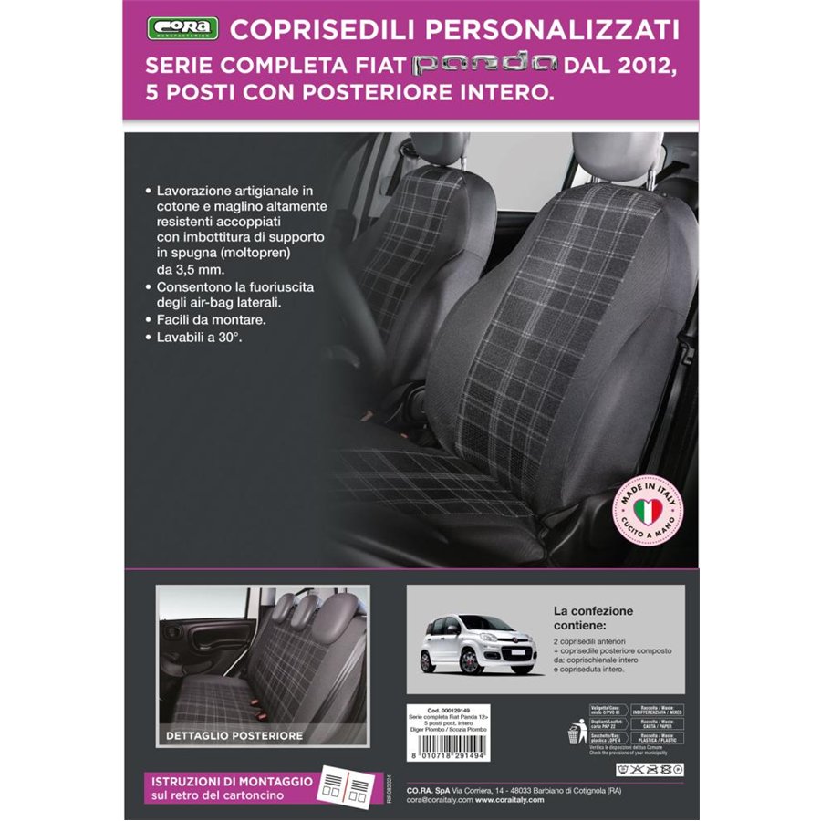 Serie completa coprisedili personalizzati Fiat Panda 12˃ 5 posti post. intero tess. misto cotone scozzese grigio/piombo