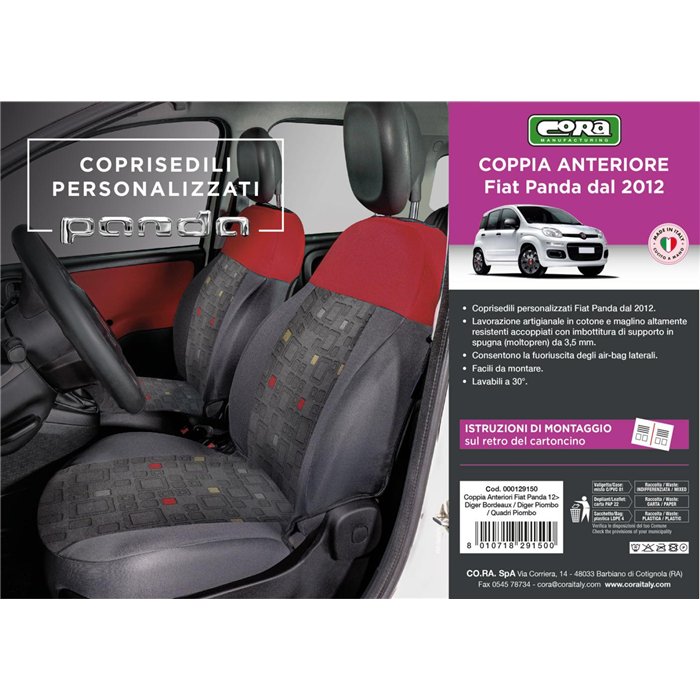 Coprisedili anteriori personalizzati Fiat Panda 12˃ tess. misto cotone quadri grigio/rosso