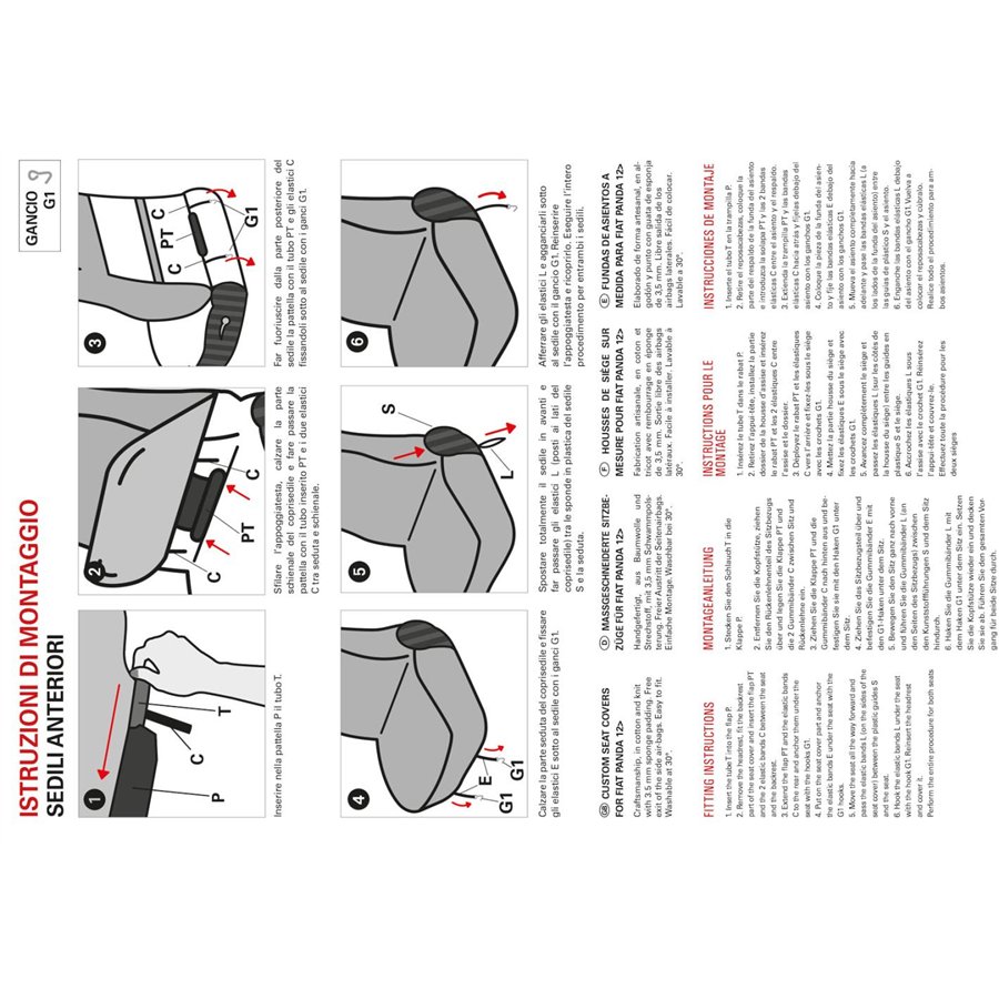 Coprisedili anteriori personalizzati Fiat Panda 12˃ tess. misto cotone quadri grigio/rosso