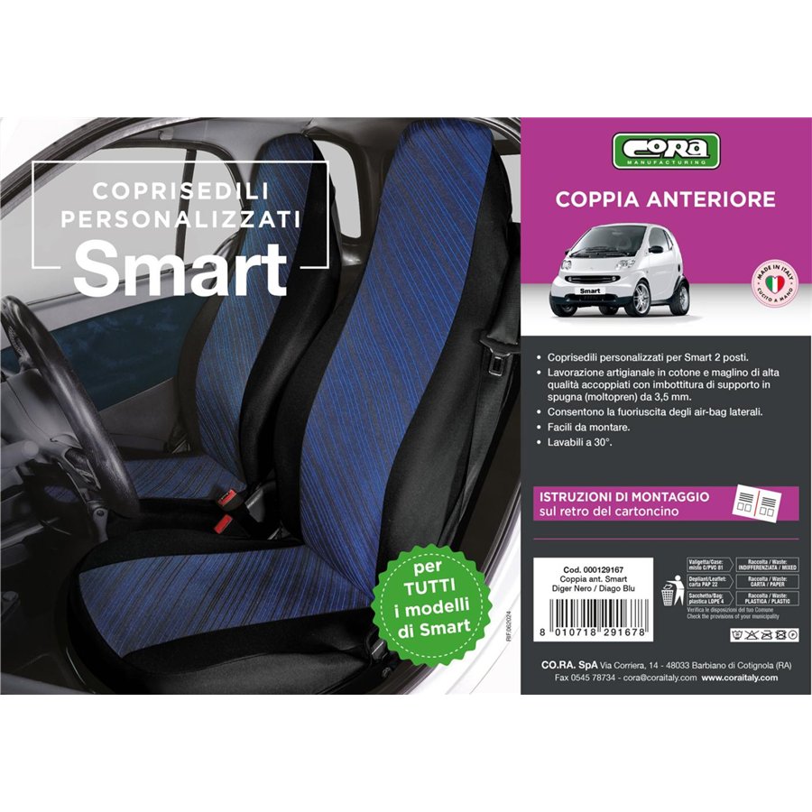Coprisedili anteriori personalizzati Smart Fortwo tess. misto cotone blu/nero