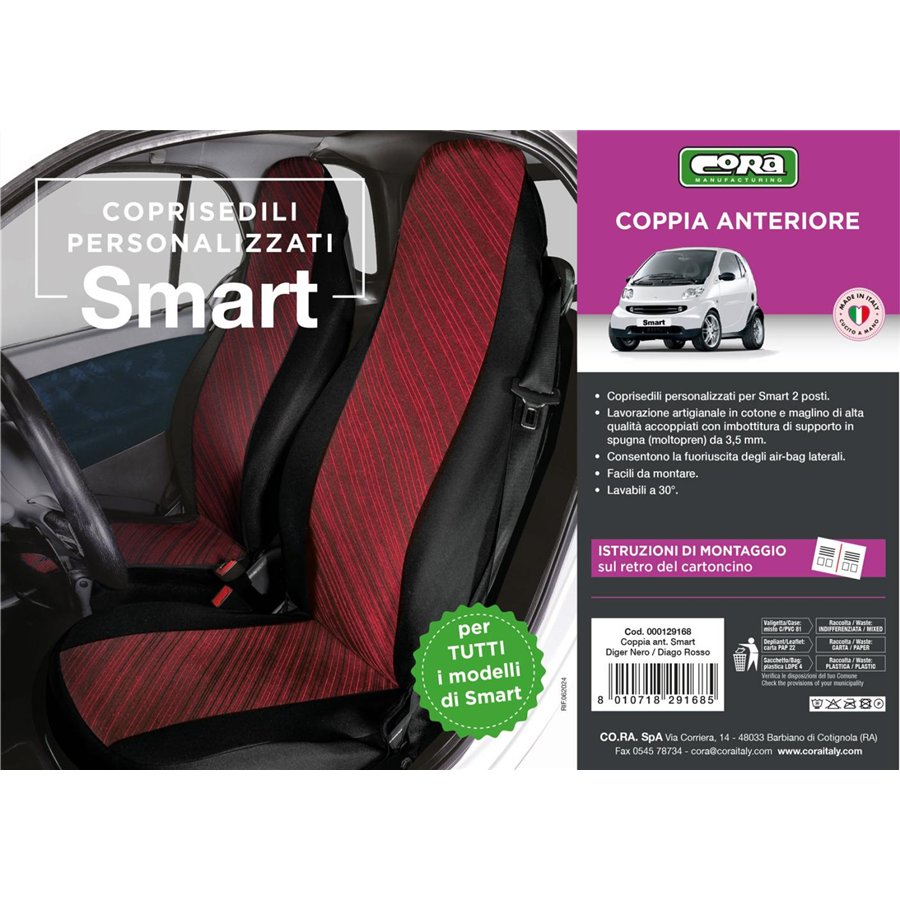 Coprisedili anteriori personalizzati Smart Fortwo tess. misto cotone rosso/nero