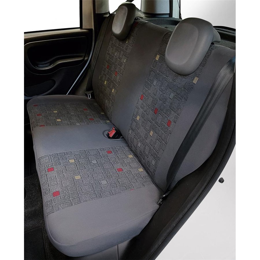 Serie completa coprisedili personalizzati Fiat Panda 12˃ 4 posti post. intero tess. misto cotone quadri grigio/rosso