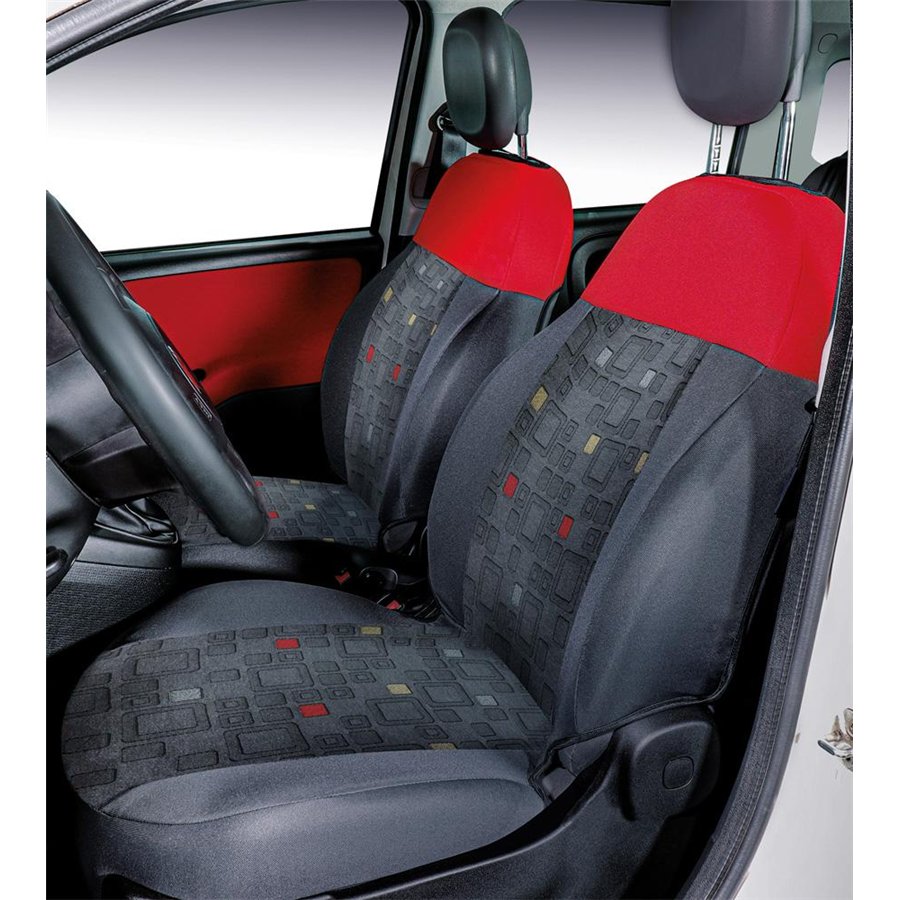 Serie completa coprisedili personalizzati Fiat Panda 12˃ 5 posti post. intero tess. misto cotone quadri grigio/rosso