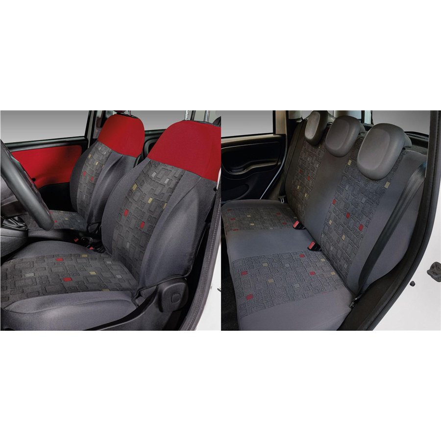 Serie completa coprisedili personalizzati Fiat Panda 12˃ 5 posti post. diviso tess. misto cotone quadri grigio/rosso