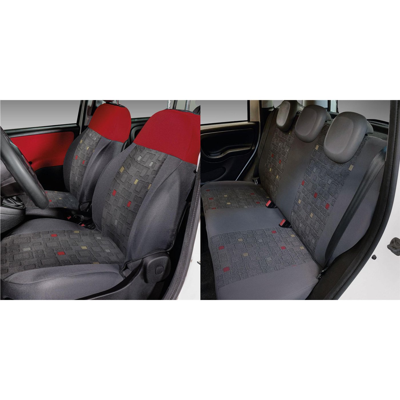 Serie completa coprisedili personalizzati Fiat Panda 12˃ 5 posti post. diviso tess. misto cotone quadri grigio/rosso