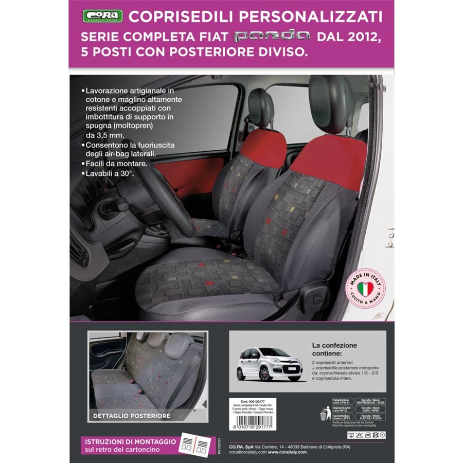 Serie completa coprisedili personalizzati Fiat Panda 12˃ 5 posti post. diviso tess. misto cotone quadri grigio/rosso