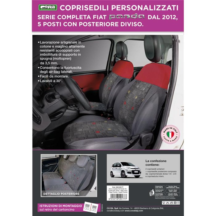Serie completa coprisedili personalizzati Fiat Panda 12˃ 5 posti post. diviso tess. misto cotone quadri grigio/rosso
