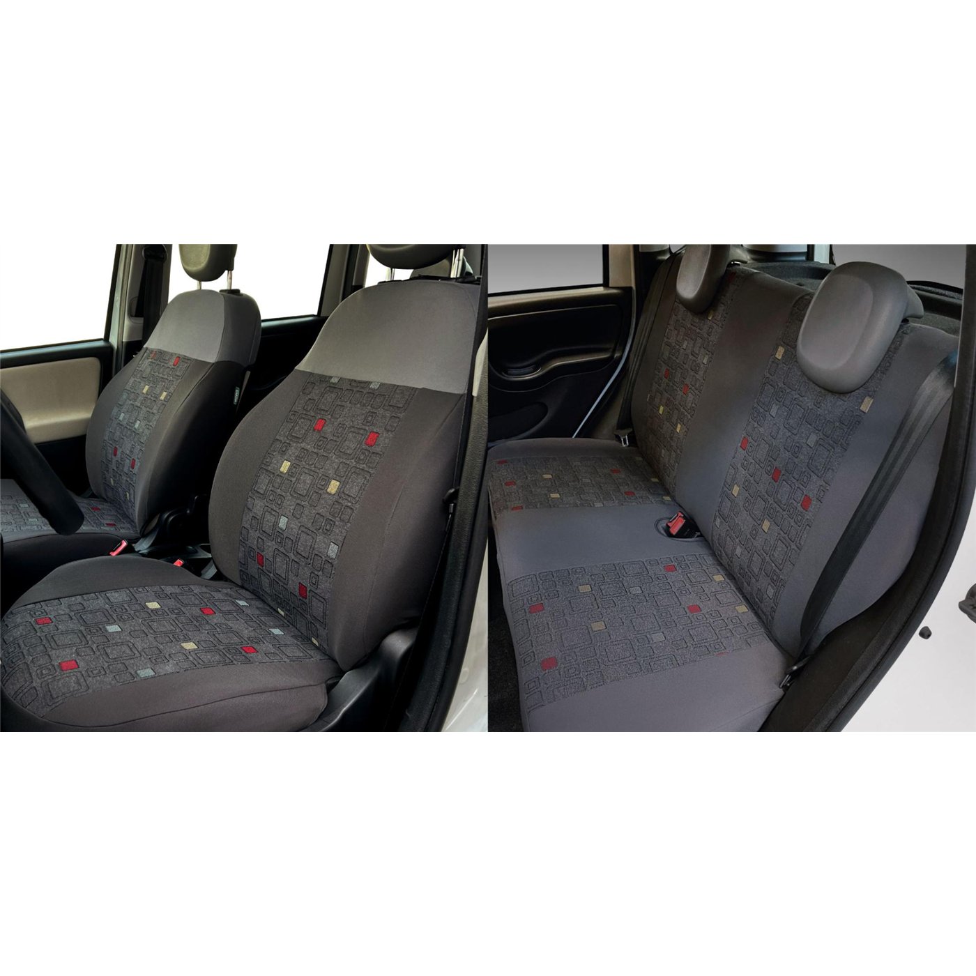 Serie completa coprisedili personalizzati Fiat Panda 12˃ 4 posti post. diviso tess. misto cotone quadri grigio/piombo