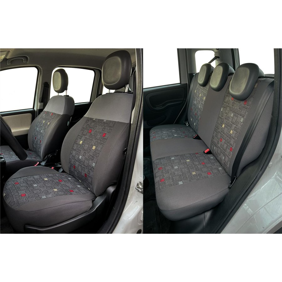 Serie completa coprisedili personalizzati Fiat Panda 12˃ 5 posti post. diviso tess. misto cotone quadri grigio/piombo