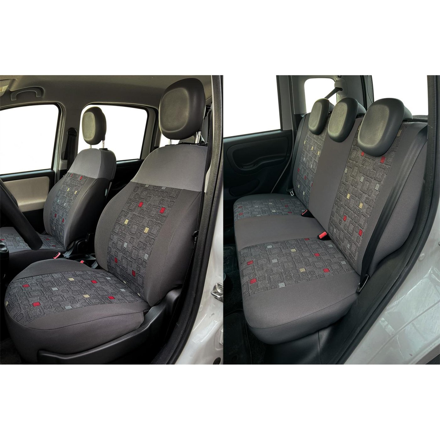 Serie completa coprisedili personalizzati Fiat Panda 12˃ 5 posti post. diviso tess. misto cotone quadri grigio/piombo