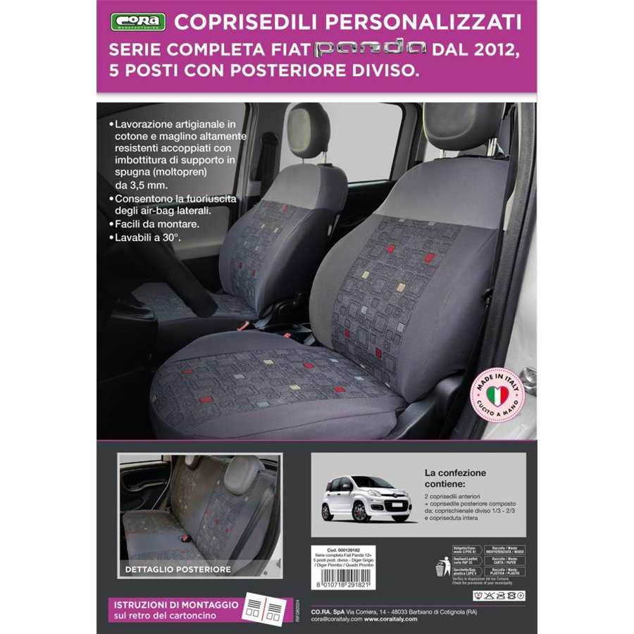 Serie completa coprisedili personalizzati Fiat Panda 12˃ 5 posti post. diviso tess. misto cotone quadri grigio/piombo