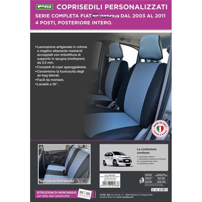 Serie completa coprisedili personalizzati Fiat Panda II 03˃ 4 posti post. intero tess. cotone nero/avio