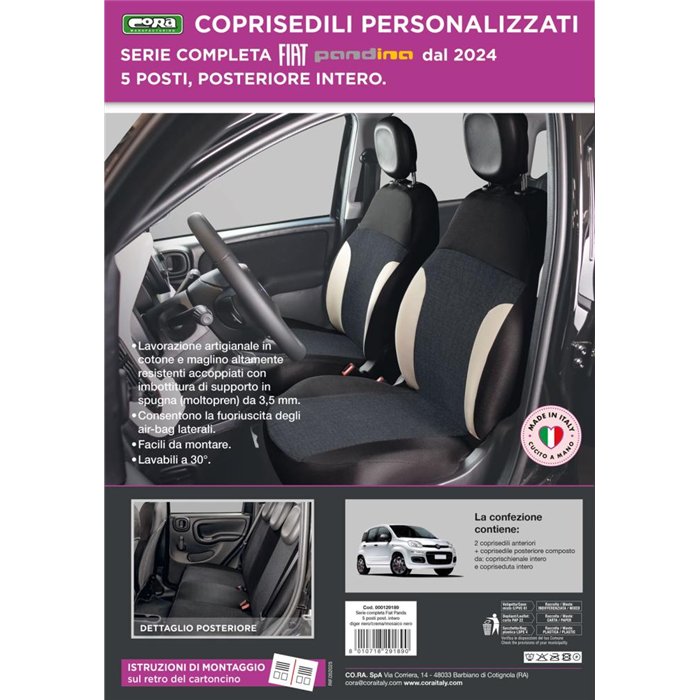 Serie completa coprisedili personalizzati Fiat Pandina 24˃ 5 posti post. intero tess. misto cotone nero/crema