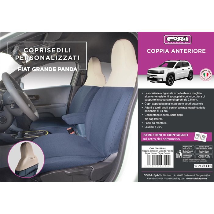 Coprisedili anteriori personalizzati Fiat Grande Panda 25˃ tess. misto cotone blu navy/crema
