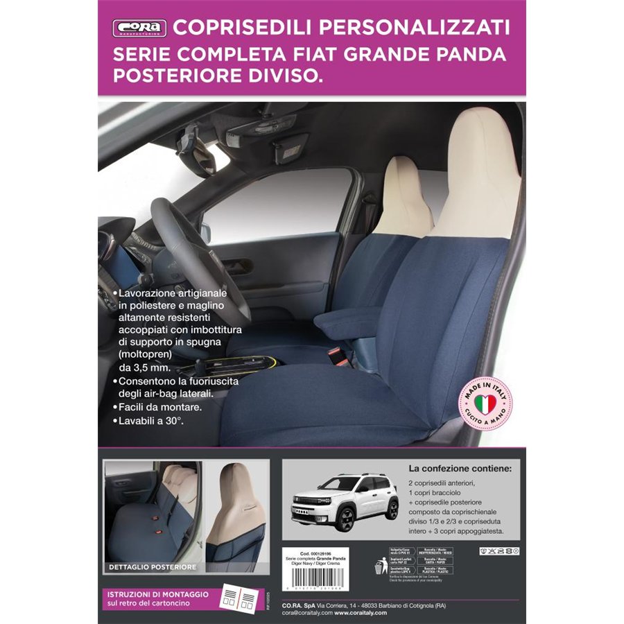 Serie completa coprisedili personalizzati Fiat Grande Panda 25˃ 5 posti post. diviso tess. misto cotone blu navy/crema