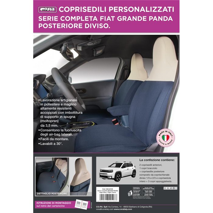 Serie completa coprisedili personalizzati Fiat Grande Panda 25˃ 5 posti post. diviso tess. misto cotone blu navy/crema