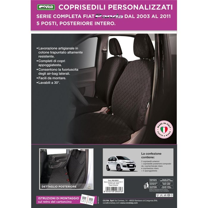 Serie completa coprisedili personalizzati Fiat Panda II 03˃ 5 posti post. intero tess. cotone trapuntato antracite