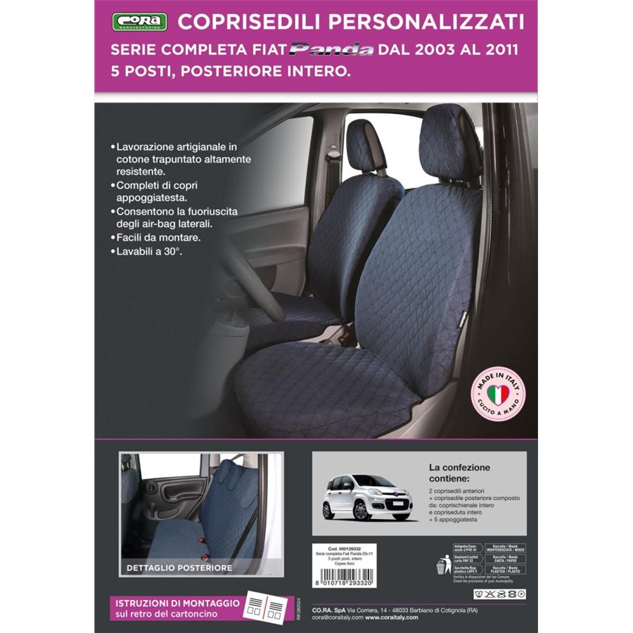 Serie completa coprisedili personalizzati Fiat Panda II 03˃ 5 posti post. intero tess. cotone trapuntato avio