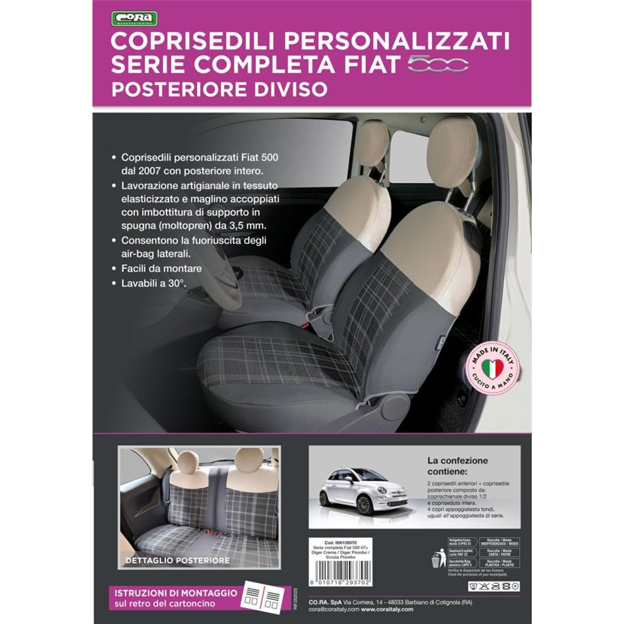 Serie completa coprisedili personalizzati Fiat 500 07˃  post. diviso tess. misto cotone scozzese grigio/panna