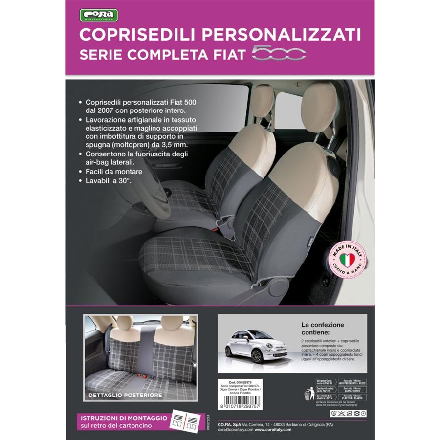 Serie completa coprisedili personalizzati Fiat 500 07˃  post. intero tess. misto cotone scozzese grigio/panna