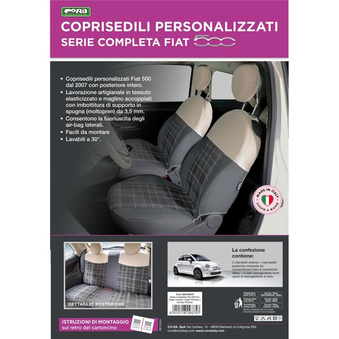 Serie completa coprisedili personalizzati Fiat 500 07˃  post. intero tess. misto cotone scozzese grigio/panna