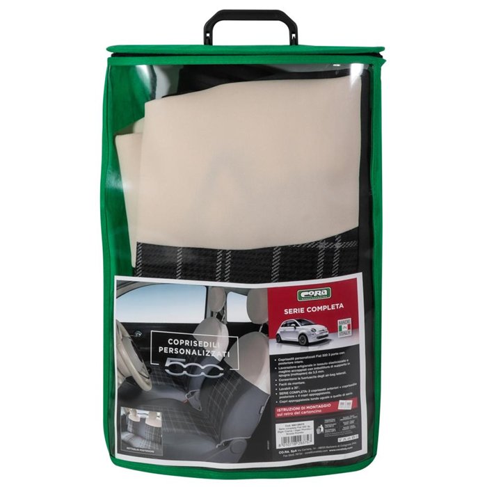 Serie completa coprisedili personalizzati Fiat 500 07˃  post. intero tess. misto cotone scozzese grigio/panna