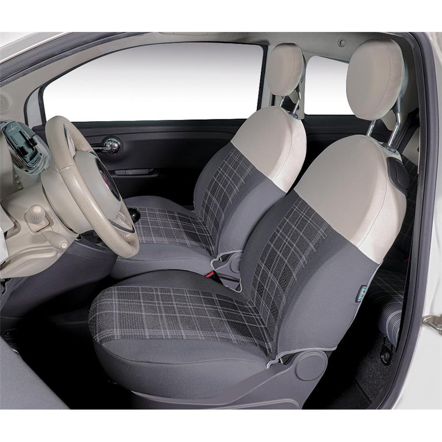 Coprisedili anteriori personalizzati Fiat 500 07˃  tess. misto cotone scozzese grigio/panna