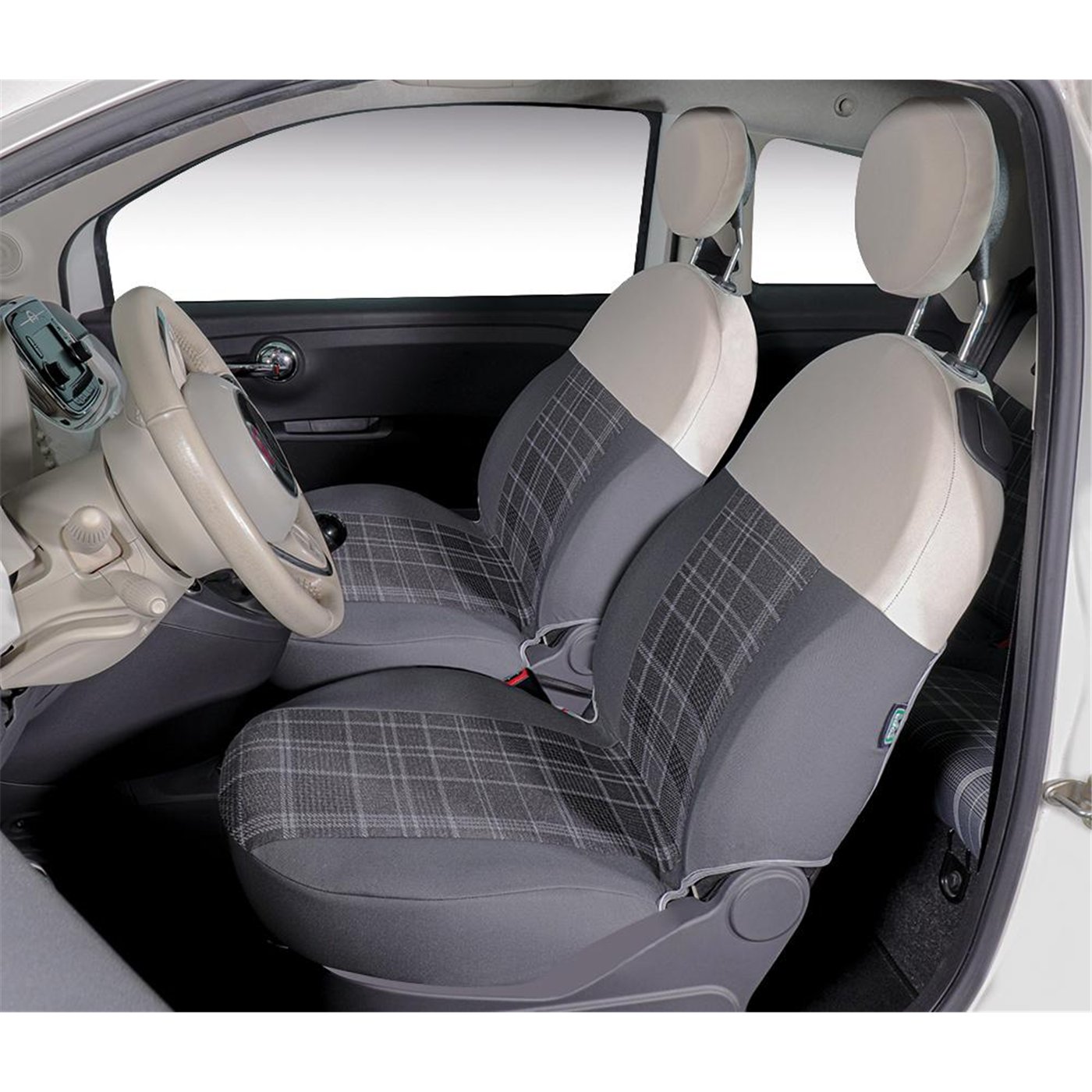 Coprisedili anteriori personalizzati Fiat 500 07˃  tess. misto cotone scozzese grigio/panna
