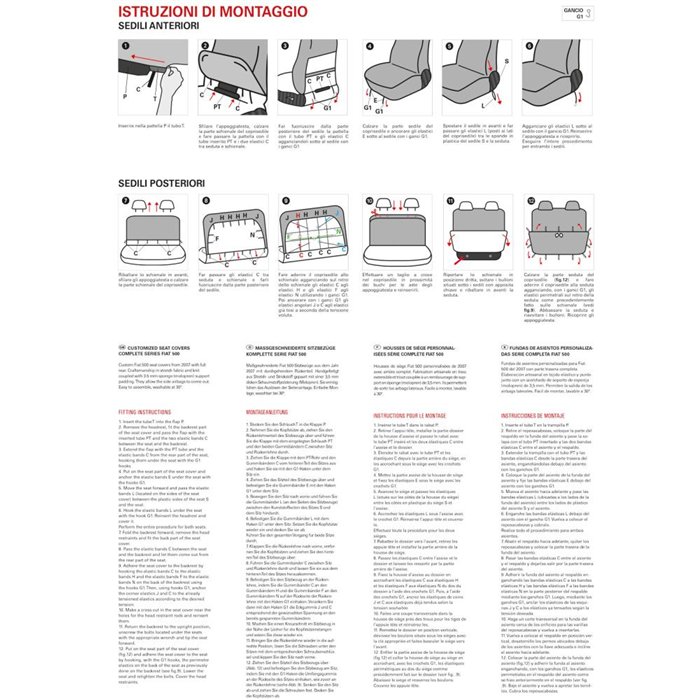 Serie completa coprisedili personalizzati Fiat 500 07˃  post. intero tess. misto cotone grigio/panna