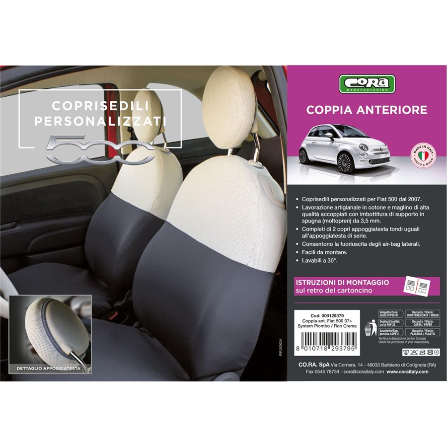 Coprisedili anteriori personalizzati Fiat 500 07˃  tess. misto cotone grigio/panna