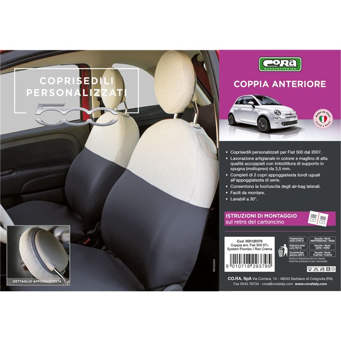 Coprisedili anteriori personalizzati Fiat 500 07˃  tess. misto cotone grigio/panna