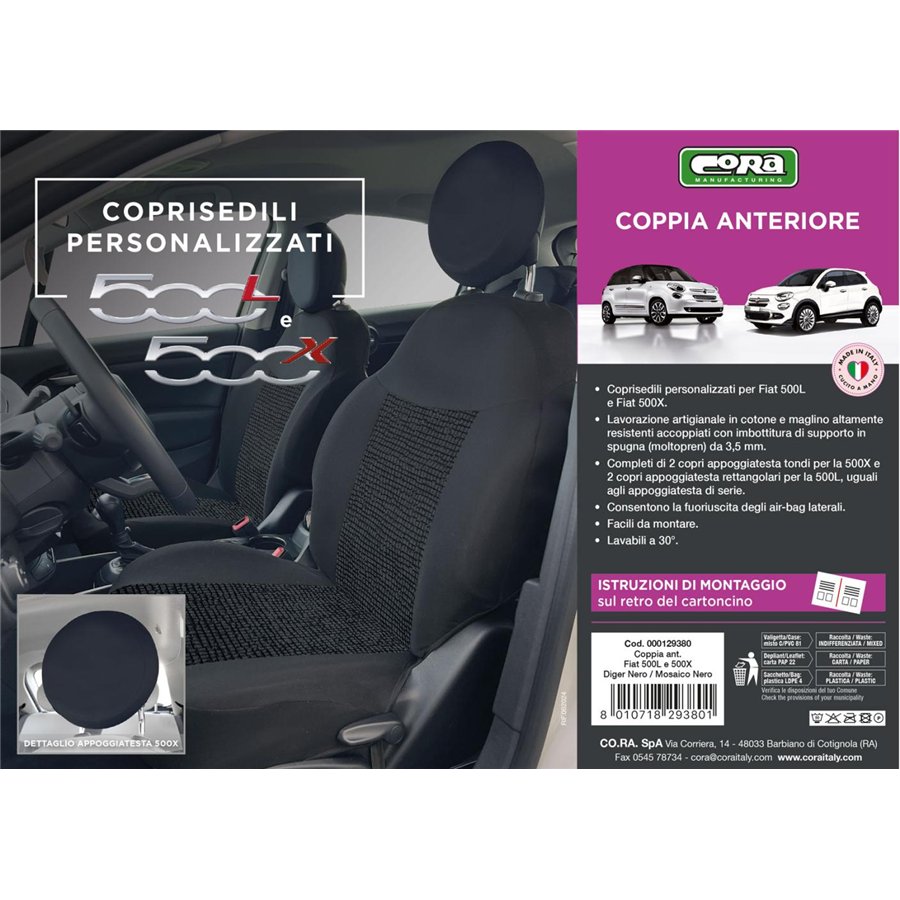 Coprisedili anteriori personalizzati Fiat 500X-500L tess. misto cotone mosaico nero