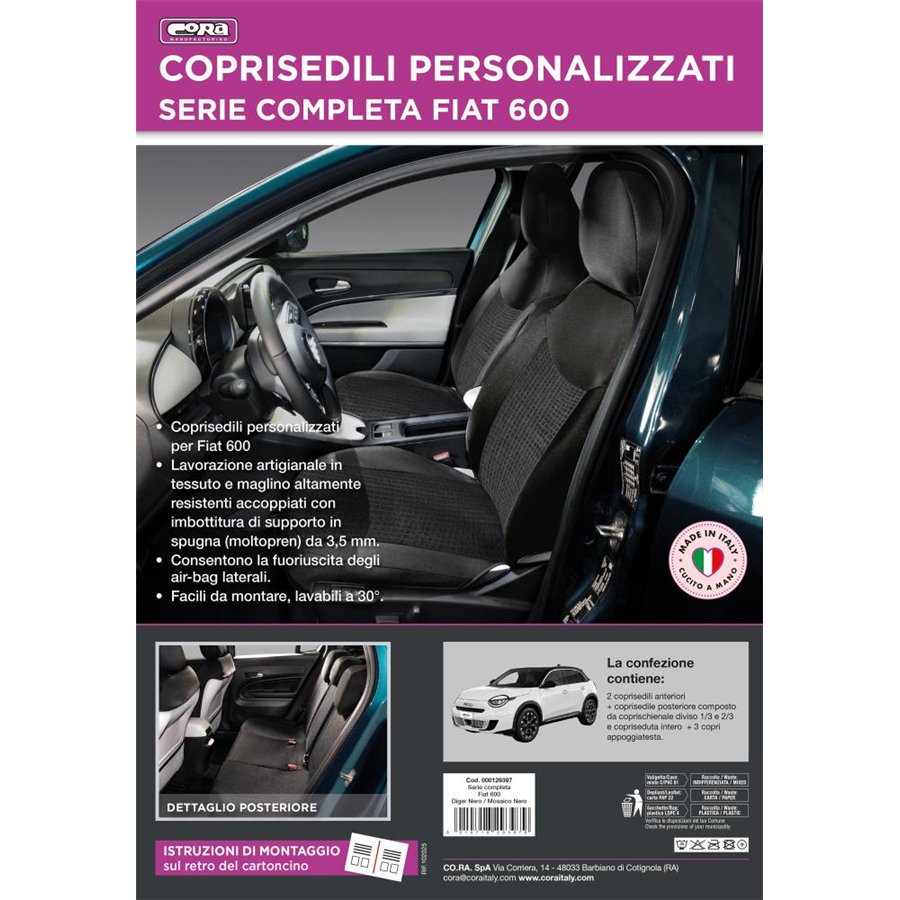 Serie completa coprisedili personalizzati Fiat 600 23˃ 5 posti post. diviso tess. misto cotone nero/mosaico nero