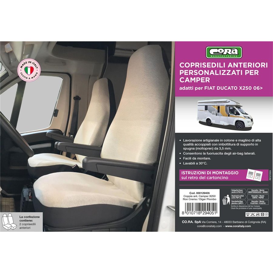 Coprisedili anteriori personalizzati Fiat Ducato camper 06˃ tess. misto cotone piombo/crema
