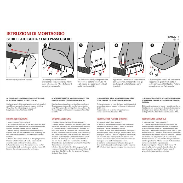 Coprisedili anteriori personalizzati Fiat Ducato camper 06˃ tess. misto cotone piombo/crema