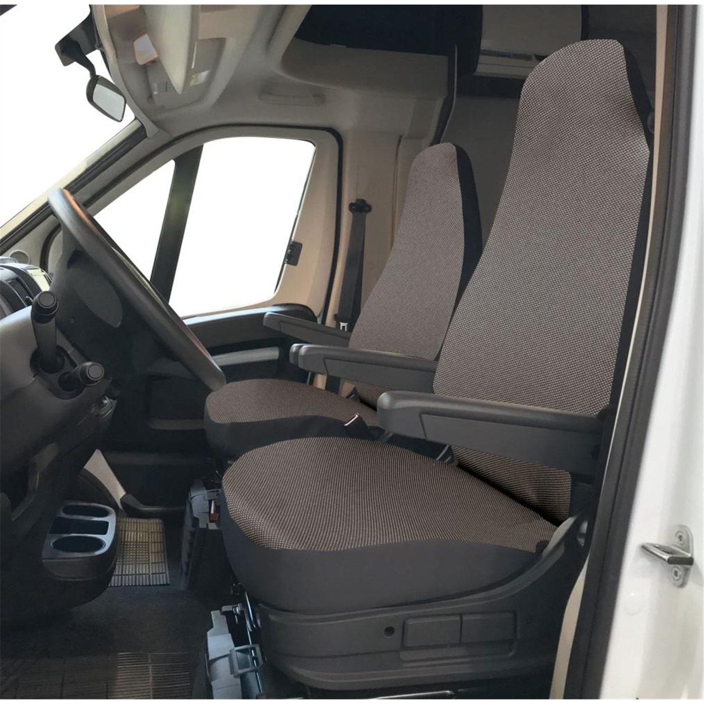 Coprisedili anteriori personalizzati Fiat Ducato camper 06˃ tess. misto cotone piombo/antracite
