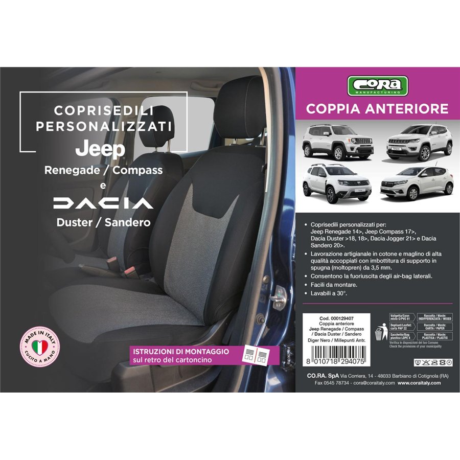 Coprisedili anteriori personalizzati JEEP Renegade 14˃/Compass 17˃, DACIA Duster 10˃/Sandero 20˃/Jogger 21˃ tess. millepunti ant