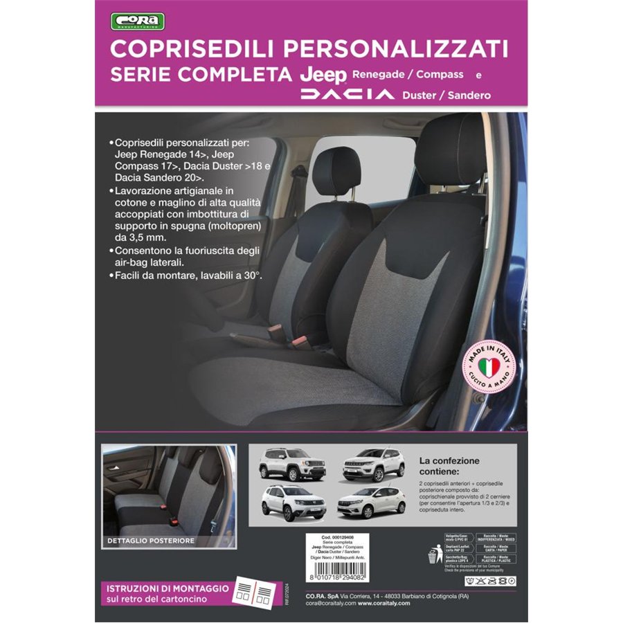 Serie completa coprisedili personalizzati JEEP Renegade 14˃/Compass 17˃, DACIA Duster I 10˃18 / Sandero 20˃ tess. Millepunti ant
