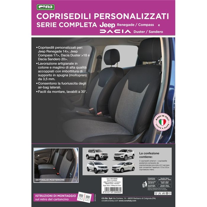 Serie completa coprisedili personalizzati JEEP Renegade 14˃/Compass 17˃, DACIA Duster I 10˃18 / Sandero 20˃ tess. Millepunti ant