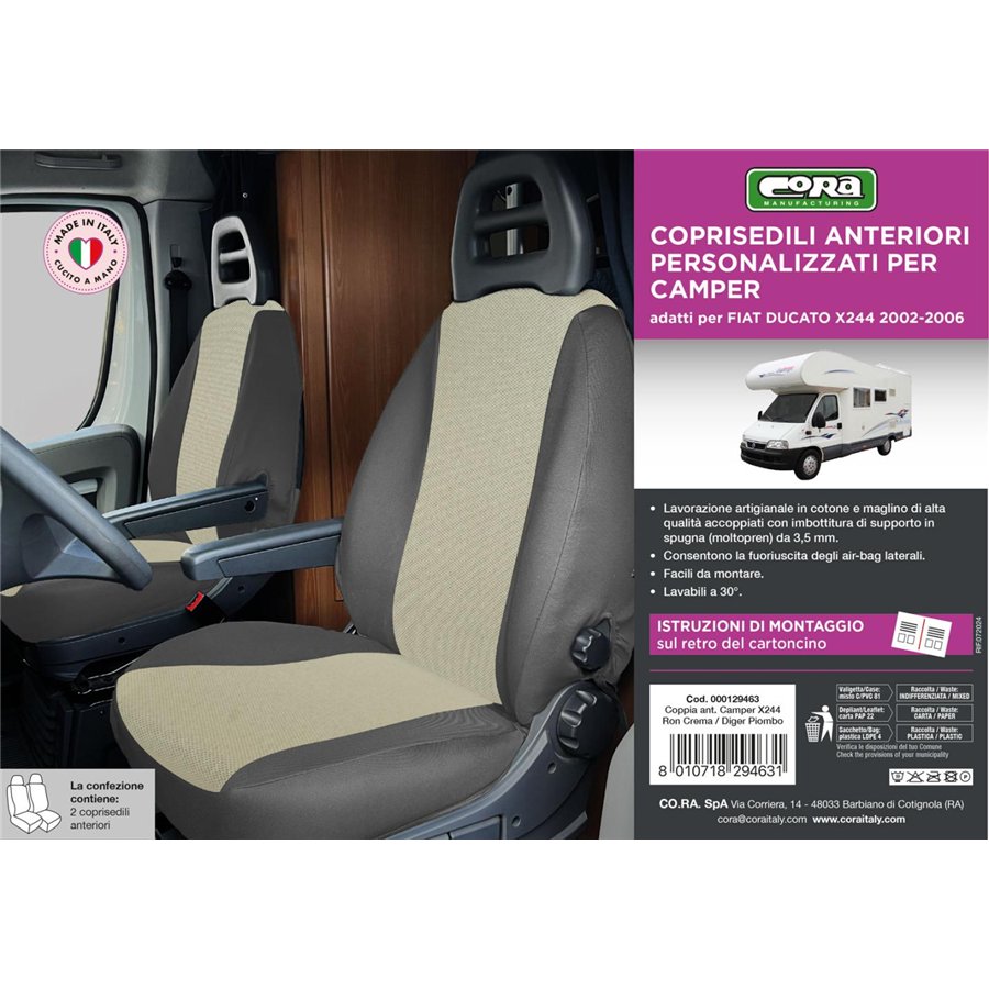 Coprisedili anteriori personalizzati Fiat Ducato camper 02˃06 tess. misto cotone piombo/crema