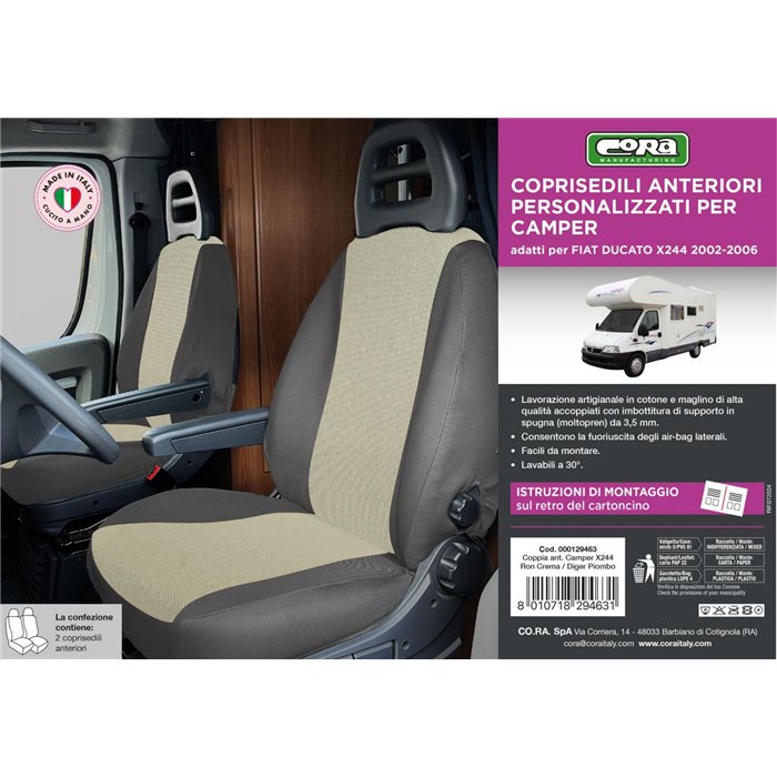 Coprisedili anteriori personalizzati Fiat Ducato camper 02˃06 tess. misto cotone piombo/crema