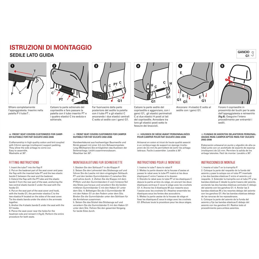 Coprisedili anteriori personalizzati Fiat Ducato camper 02˃06 tess. misto cotone piombo/crema