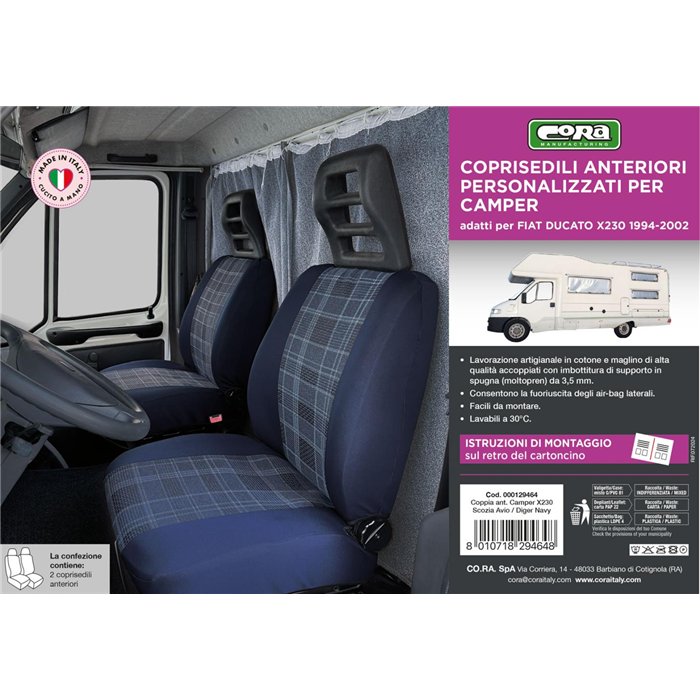 Coprisedili anteriori personalizzati Fiat Ducato camper 94˃02 tess. misto cotone avio/navy