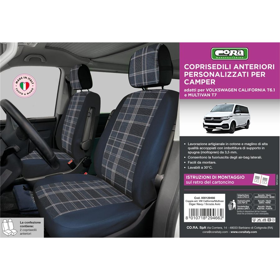 Coprisedili anteriori Volkswagen California/Multivan T6.1/T7 tess. misto cotone avio/navy